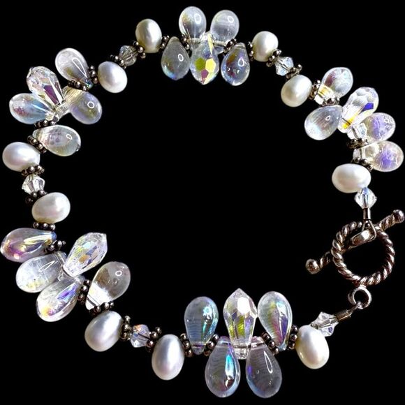 SWAROVSKI Crystal Genuine Freshwater Pearl and Aurora Borealis AB Teardrop Cryst - Picture 5 of 5